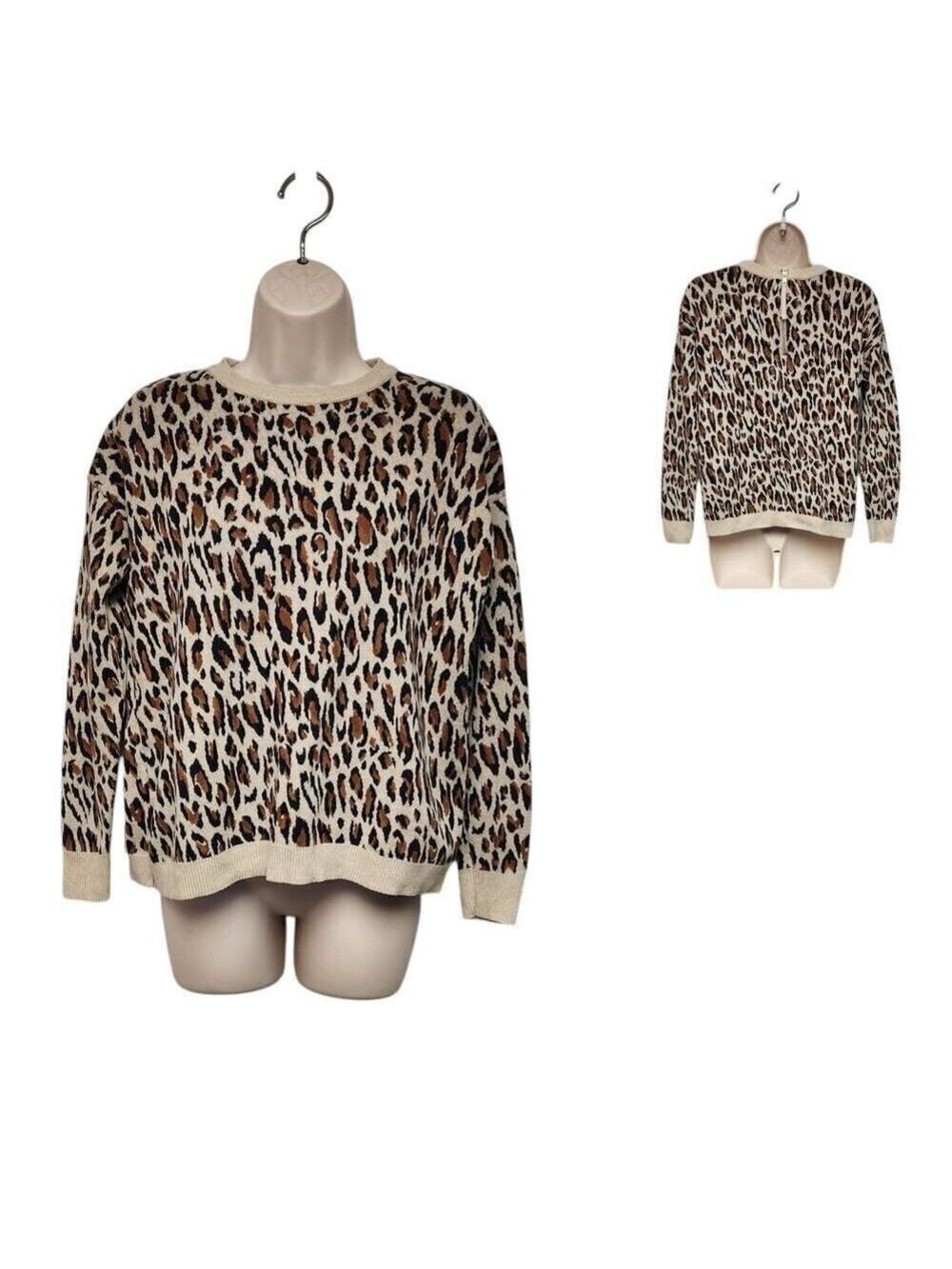 H&M Leopard Animal Print Round Neck Long Sleeve Brown Knit Sweater Size Small